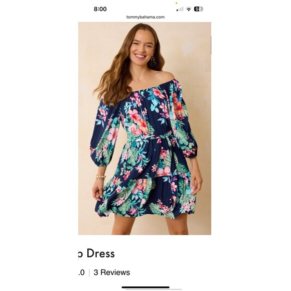 Tommy Bahama Flora Off Shoulder Dress Coverup XS Navy Belt Tropical Hawaiian NWT - Picture 4 of 16